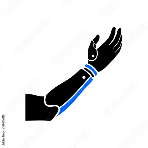 Robotic arm with open hand in black and blue design  
