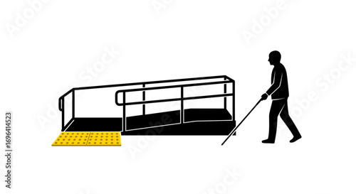 Senior man using a walking cane on ramp with safety railings  