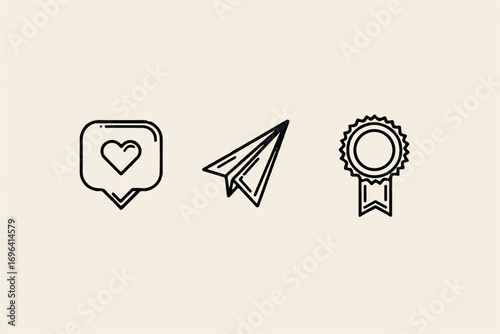 Minimalistic Black and White Icon Set Featuring Like Send and Award Symbol Design for Social Media Marketing