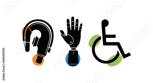 Disability symbols representing hearing, mobility, and prosthetics  