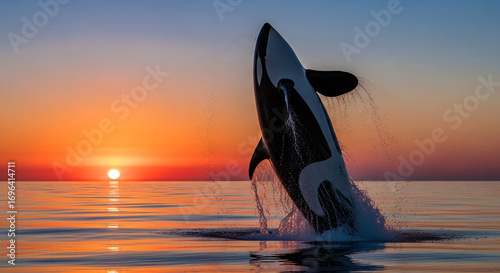 Orca leaping out of water at vibrant sunrise over ocean.