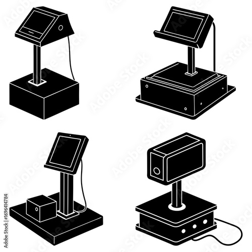 Illustration of four different kiosk designs with screens and stands on a white background art