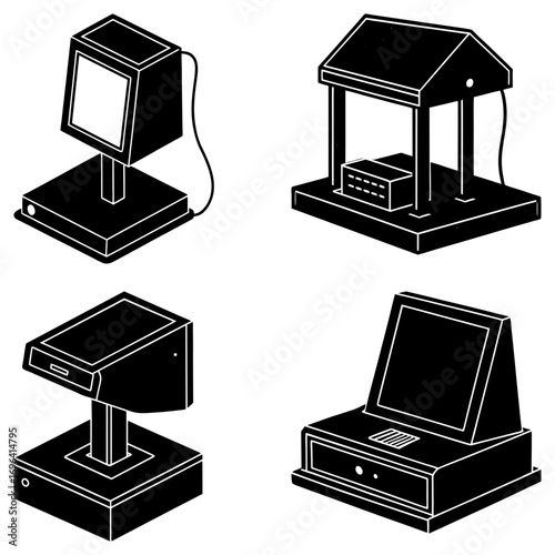 Isometric view of four different point of sale systems in black and white illustration style design
