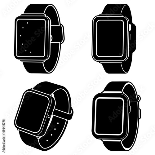 Four black and white smartwatch illustrations displayed in a square arrangement on a white background