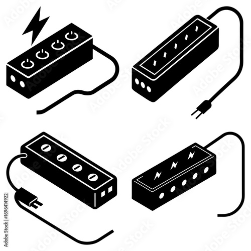 Isometric black and white illustration of multiple power strips with plugs and lightning bolts design