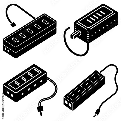 Isometric view of four black and white usb hubs with cables and multiple ports in a vector graphic