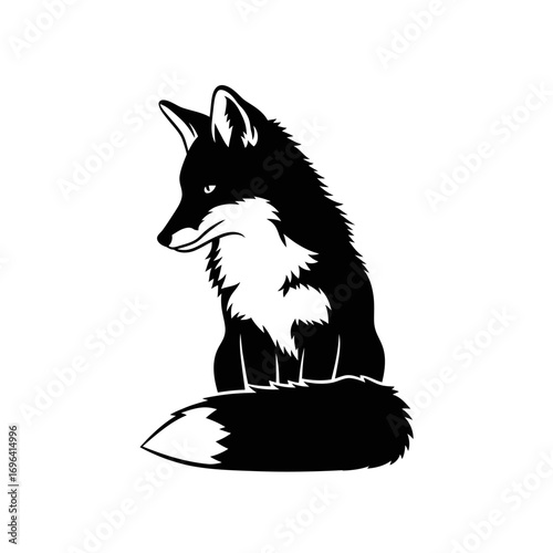 Sleek black fox with piercing gaze and fluffy tail sits alertly, embodying wild spirit and modern design for dynamic branding and nature-themed projects.