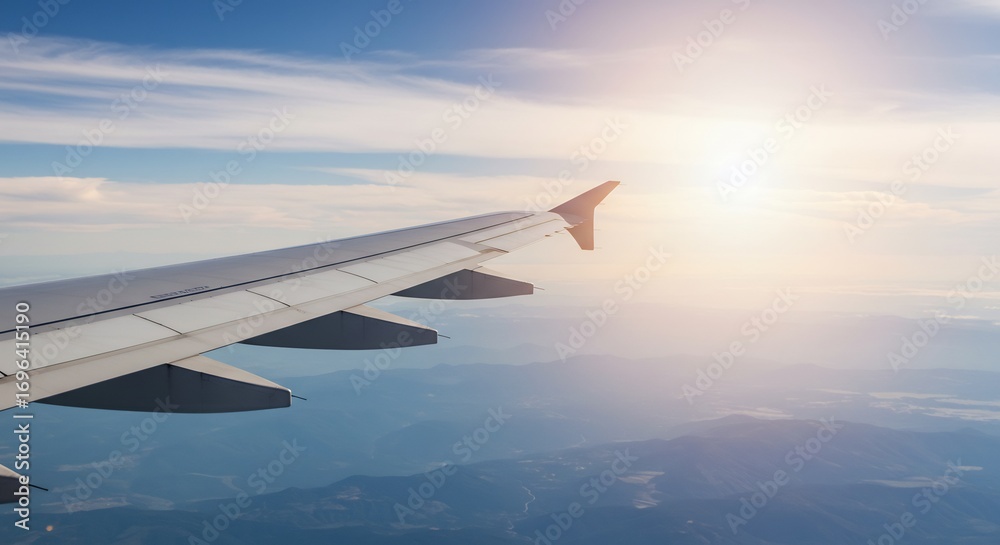 Obraz premium 青空と白い翼 飛行機窓からの景色