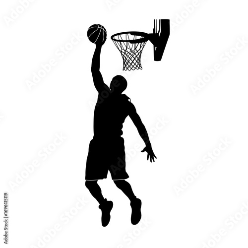 Dynamic basketball player silhouetted mid-air, soaring for a powerful slam dunk with the ball poised for the hoop, capturing athletic achievement and intense game action