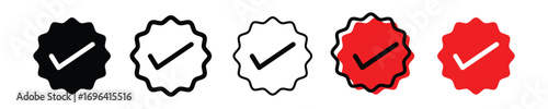 Badge check icon. Verify icon stamp. Blue flat star shape stickers. Verified badge profile set. Social media account verification icons . Isolated check mark. Vector illustration. EPS 10