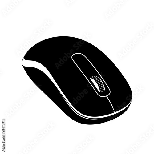 Sleek modern black computer mouse with scroll wheel, a versatile peripheral for digital navigation and productivity, perfect for tech presentations and design projects.