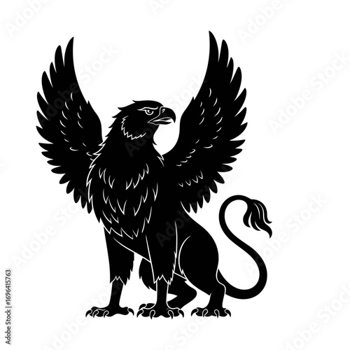 Majestic black griffin silhouette with powerful wings spread, symbolizing strength, royalty, and ancient mythology for sophisticated design projects and heraldry