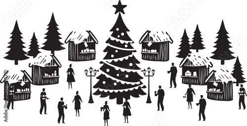 Black and white illustration of a Christmas market scene with stalls trees and people winter holiday