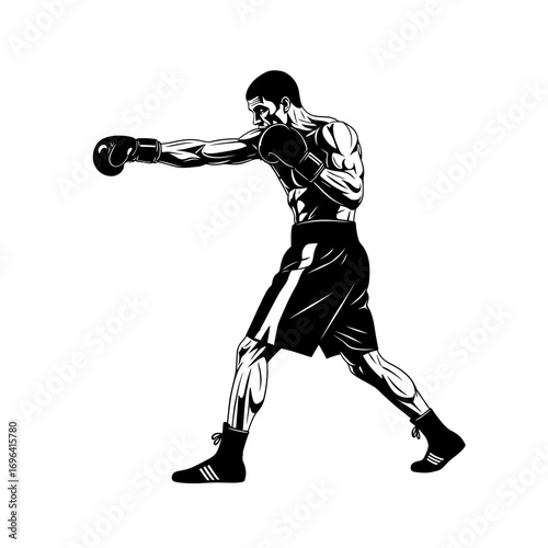 Dynamic boxer unleashing a powerful punch with intense focus and athletic build, showcasing strength and determination in a striking silhouette against a clean backdrop