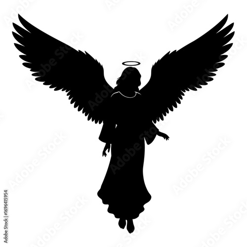 Elegant angel silhouette with radiant wings and halo descends gracefully, symbolizing peace, hope, and divine protection for spiritual and celebratory themes