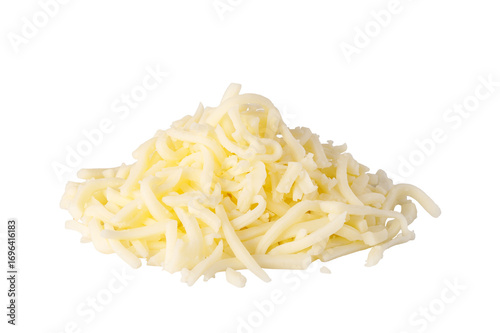 Pile of grated mozzarella cheese on transparent background