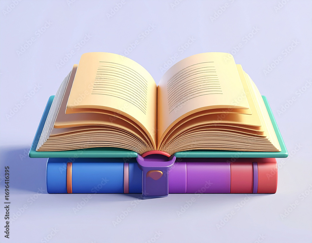 Obraz premium 3D illustration of an open book with two colorful closed books, symbolizing education, reading, and literature.book, cognition, page, illustration, academic, bookshelf, children, Generative Ai