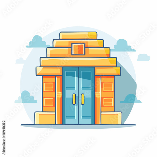 Grand Orange And Blue Building Entrance with Clouds