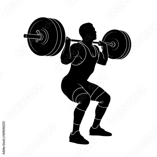 Dynamic silhouette of a weightlifter performing a barbell squat for fitness and strength training, capturing the intensity of athletic performance and dedication to health