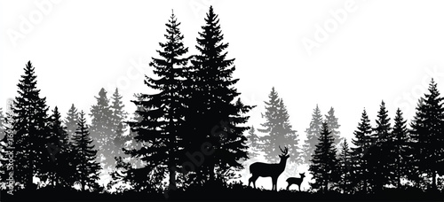 Mystical forest landscape silhouette with majestic pine trees and deer family in a tranquil wilderness scene graphic illustration