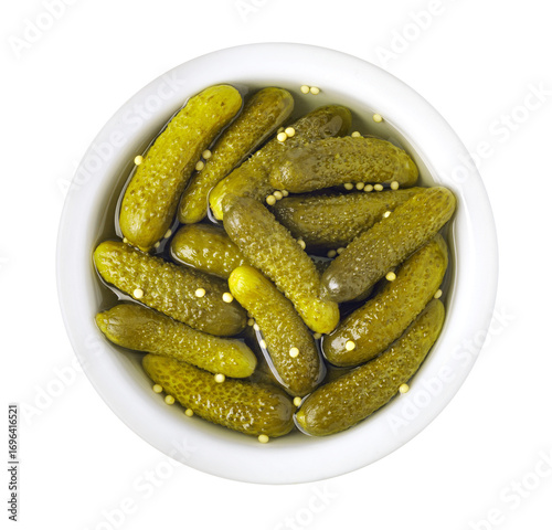 Bowl of gherkins pickled in vinegar with mustard seeds on transparent background