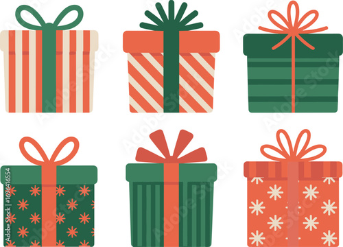 Collection of six colorful christmas gift boxes with ribbons and bows