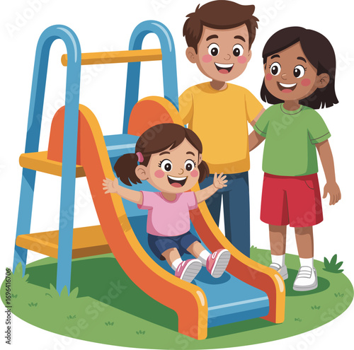Happy family enjoying playtime on a colorful playground slide outdoors