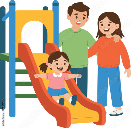 Happy family enjoying a colorful playground slide on a sunny day