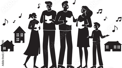 Black silhouette of a family singing with musical notes and houses choir group