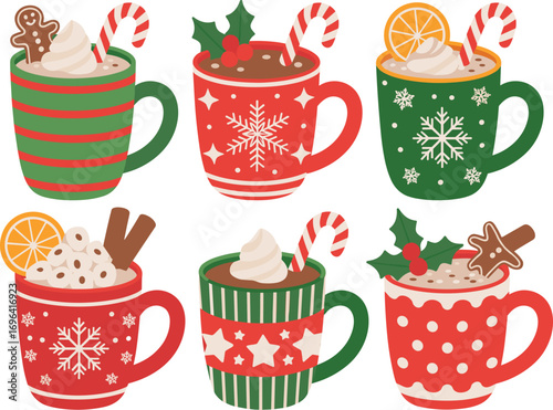 Festive christmas mugs filled with hot chocolate and whipped cream decorated for the holidays