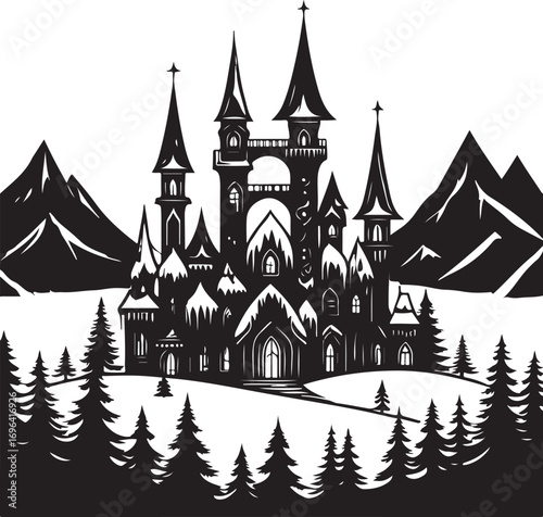 Black silhouette of a gothic castle with spires and snow-covered roofs surrounded by pine trees and mountains