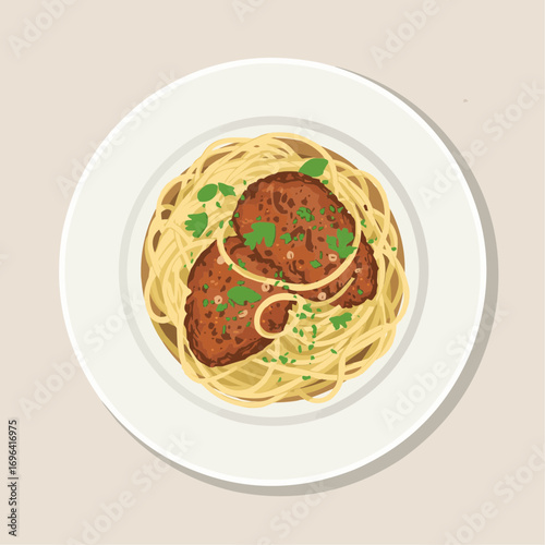 Clean Vector of Pasta Linguine with Fried Chicken Liver and Herb Garnish