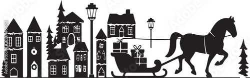 Black silhouette of a horse pulling a sleigh full of gifts through a snowy village with lampposts and trees