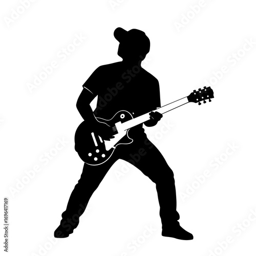 Dynamic silhouette of a guitarist passionately playing electric guitar, perfect for music posters, band promotions, or creative projects needing a rock and roll edge with musical energy