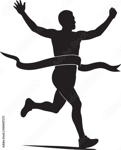 Black silhouette of a runner breaking through a finish line ribbon with arms raised in victory running
