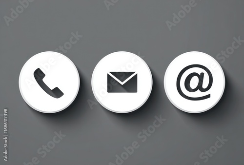 Three communication icons phone, email, and at symbol, arranged side-by-side on a gray background with soft shadows