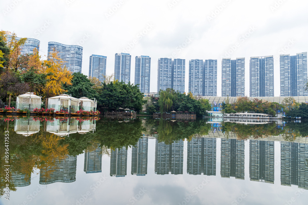 Obraz premium The scenery of the Swan Lake architectural complex in Century City, Chengdu, Sichuan Province