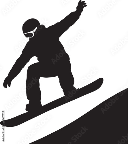 Black silhouette of a snowboarder in mid-air performing a trick on a snowy slope black and white winter sports