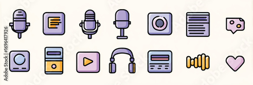 Podcast Equipment and Social Media Icons Minimalist Vector Illustration on a Light Background