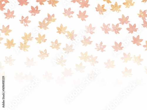 モミジの紅葉イメージの背景素材。水彩風テクスチャー。葉っぱのシルエット。やさしい色調。光の粒子や水滴の輝き。コピースペース