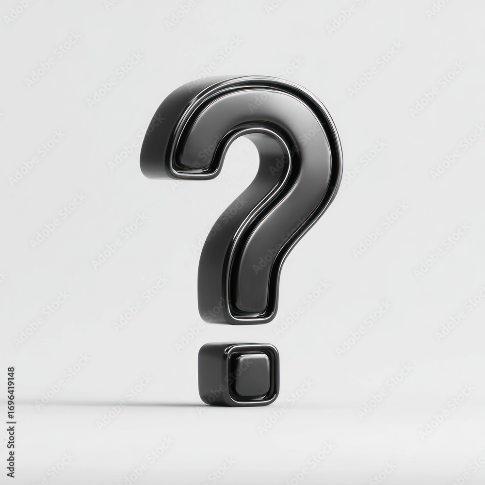 Naklejka premium Glossy black question mark against a plain white backdrop, casting subtle shadow, conveying uncertainty