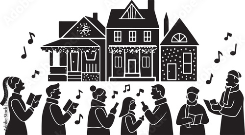 Group of carolers singing in front of decorated houses with musical notes caroling people