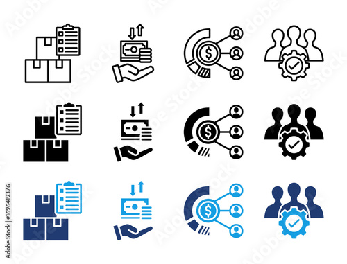Finance and Business Management Icon Set. Containing Inventory Management, Cash Flow, Allocation, and Crm Icons Collection