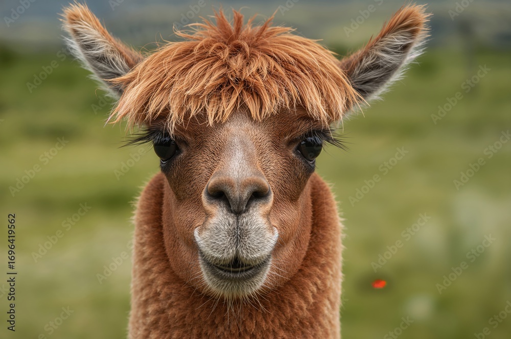 Obraz premium Close-up of an Inquisitive Llama (Lama glama), a Mountain-Dwelling Domestic Camelid - Focused on Eyes