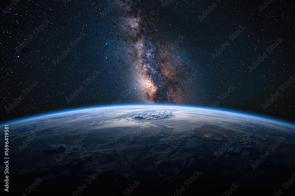 Fototapeta premium Earth's day and night cycle under the Milky Way and Andromeda galaxies