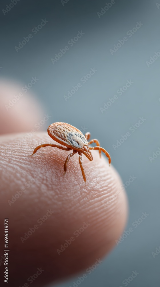 Obraz premium Close up of a tick crawling on a fingertip, illustrating the risk of lyme disease and the importance of tick checks during outdoor activities