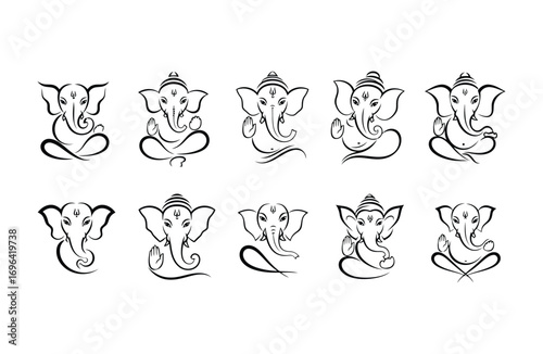 Collection of ganesha illustrations in black outline