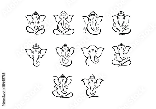 Ten line art depictions of ganesha