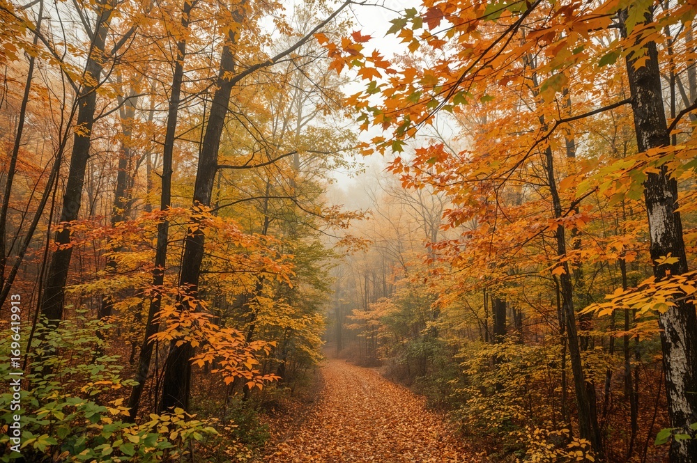Naklejka premium Vibrant fall woodland shrouded in mist