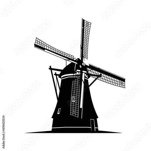 Stunning black and white windmill illustration evoking Dutch heritage and serene countryside vibes, perfect for travel posters, branding, and historical content creation